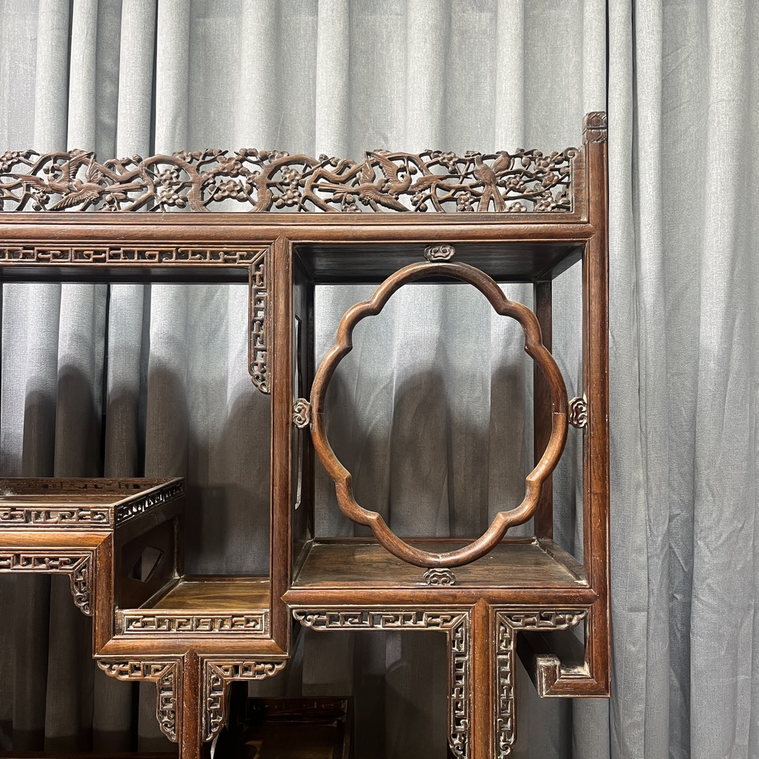 Qing Dynasty Rosewood hand-engraved flower pattern pair antique shelves