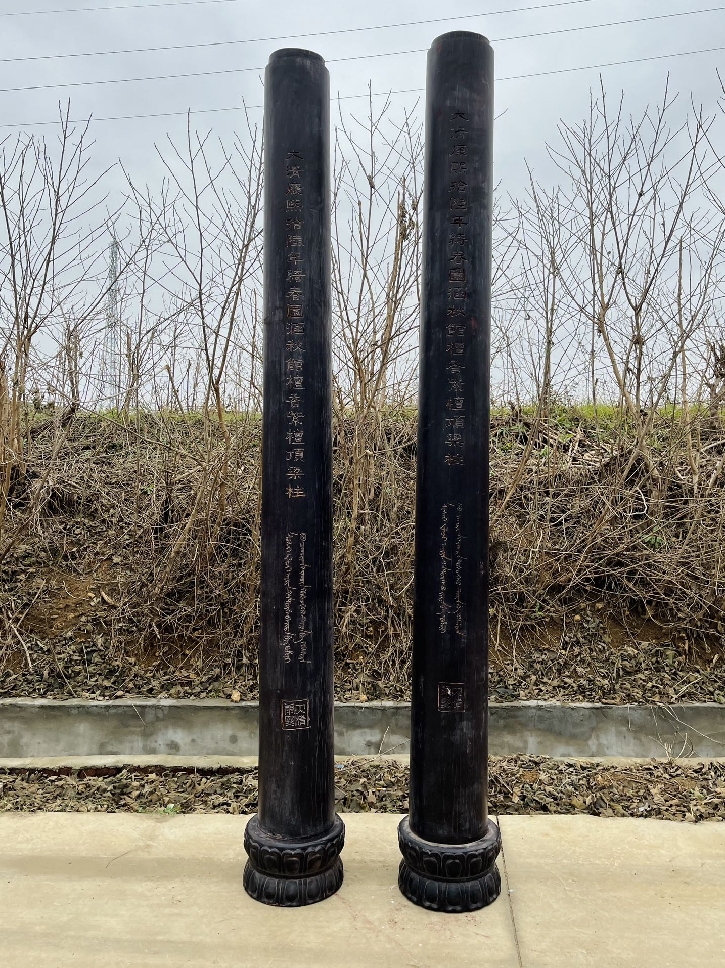 Qing Dynasty Sandalwood hand-carved Chinese characters pair of pillars