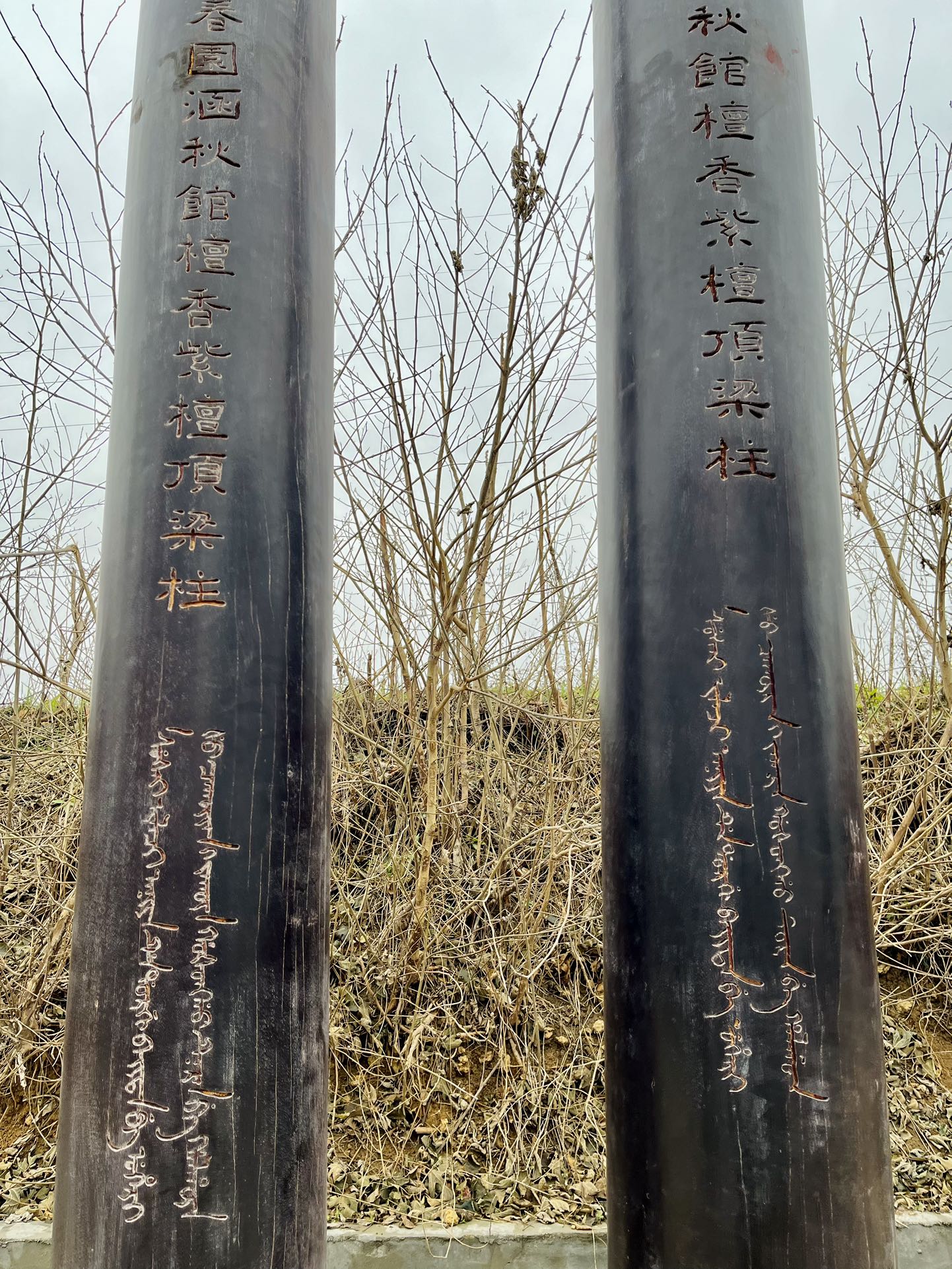 Qing Dynasty Sandalwood hand-carved Chinese characters pair of pillars