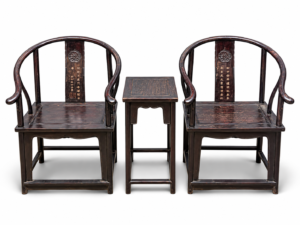 Qing Dynasty Ebony wood hand-engraved small arm chair and Tables set