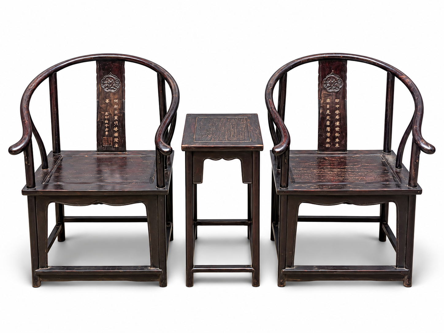 Qing Dynasty Ebony wood hand-engraved small arm chair and Tables set