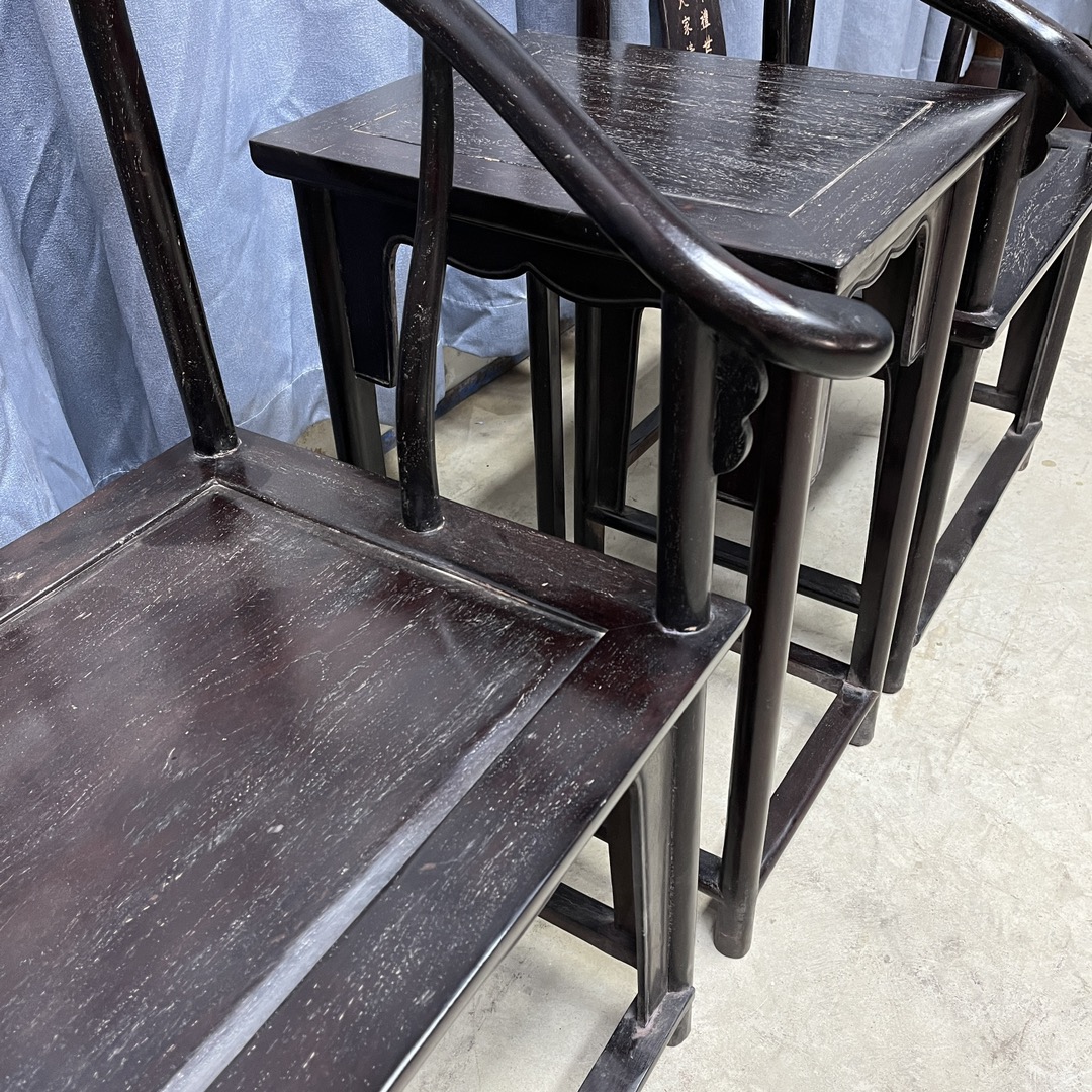 Qing Dynasty Ebony wood hand-engraved small arm chair and Tables set