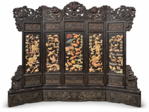 Qing Dynasty Red Sandalwood inlaid Xiu jade five screens