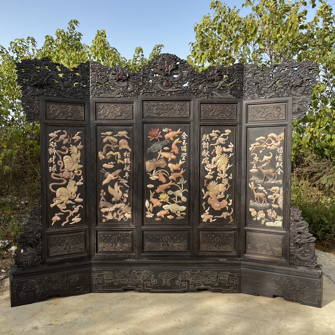 Qing Dynasty Red Sandalwood inlaid Xiu jade five screens