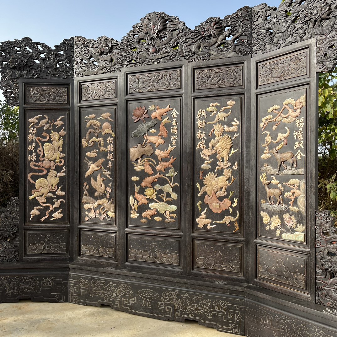 Qing Dynasty Red Sandalwood inlaid Xiu jade five screens