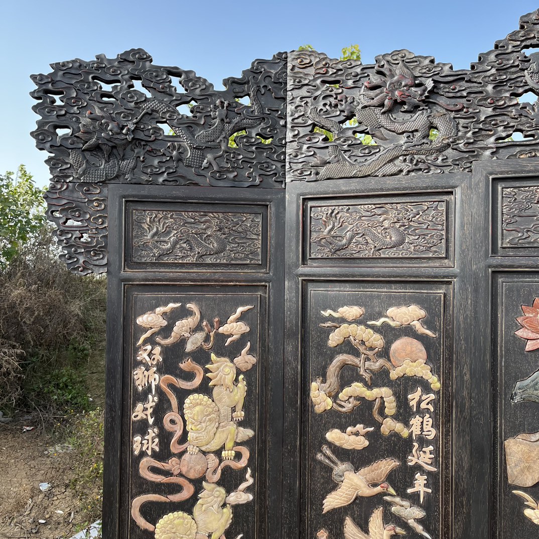 Qing Dynasty Red Sandalwood inlaid Xiu jade five screens