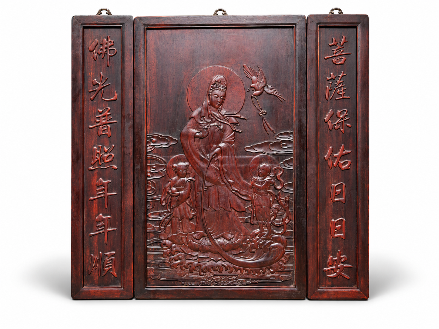 Qing Dynasty Rosewood high-quality fully carved relief single-panel Bodhisattva Three-piece set board