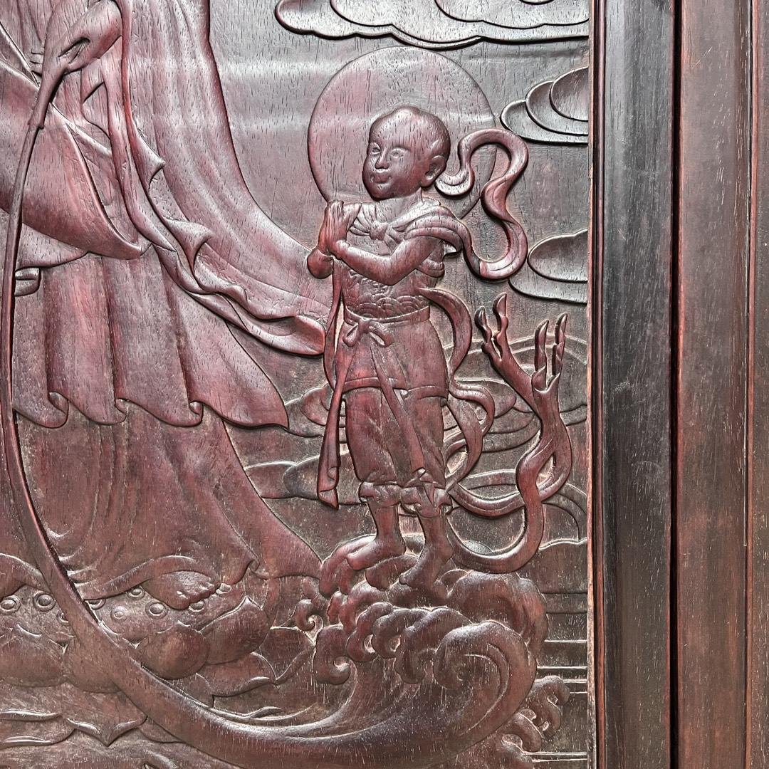 Qing Dynasty Rosewood high-quality fully carved relief single-panel Bodhisattva Three-piece set board