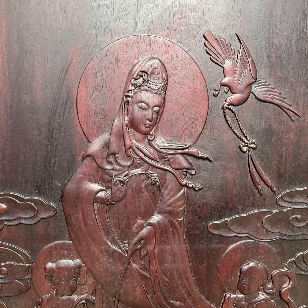 Qing Dynasty Rosewood high-quality fully carved relief single-panel Bodhisattva Three-piece set board