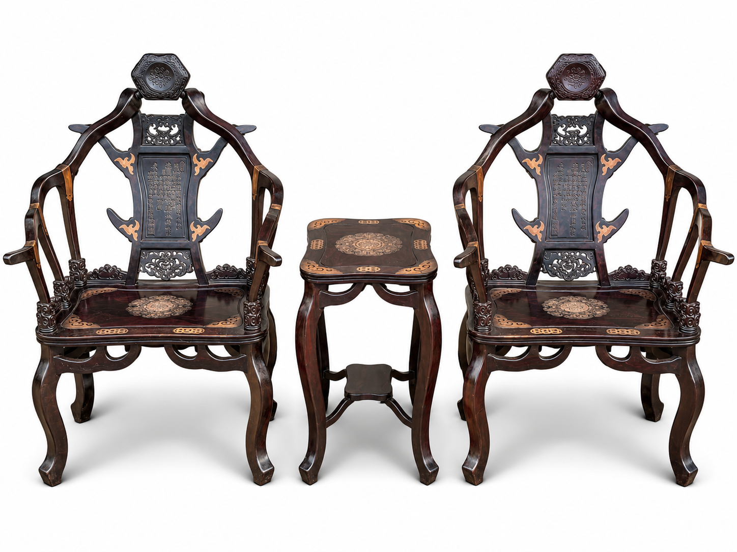 Qing Dynasty Mahogany wood deer antler chair inlaid with copper leather Three-piece Tables set