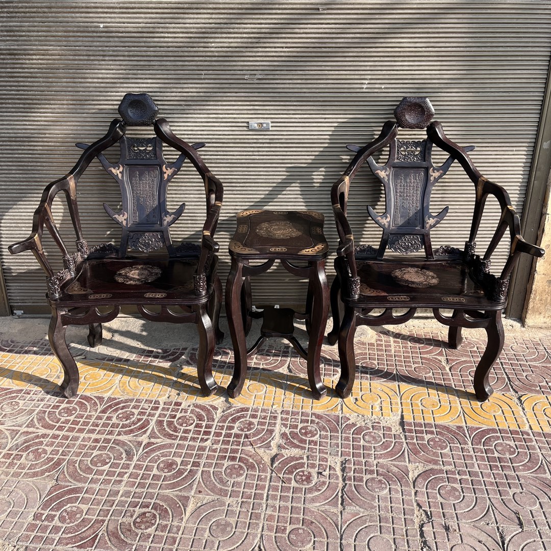 Qing Dynasty Mahogany wood deer antler chair inlaid with copper leather Three-piece Tables set