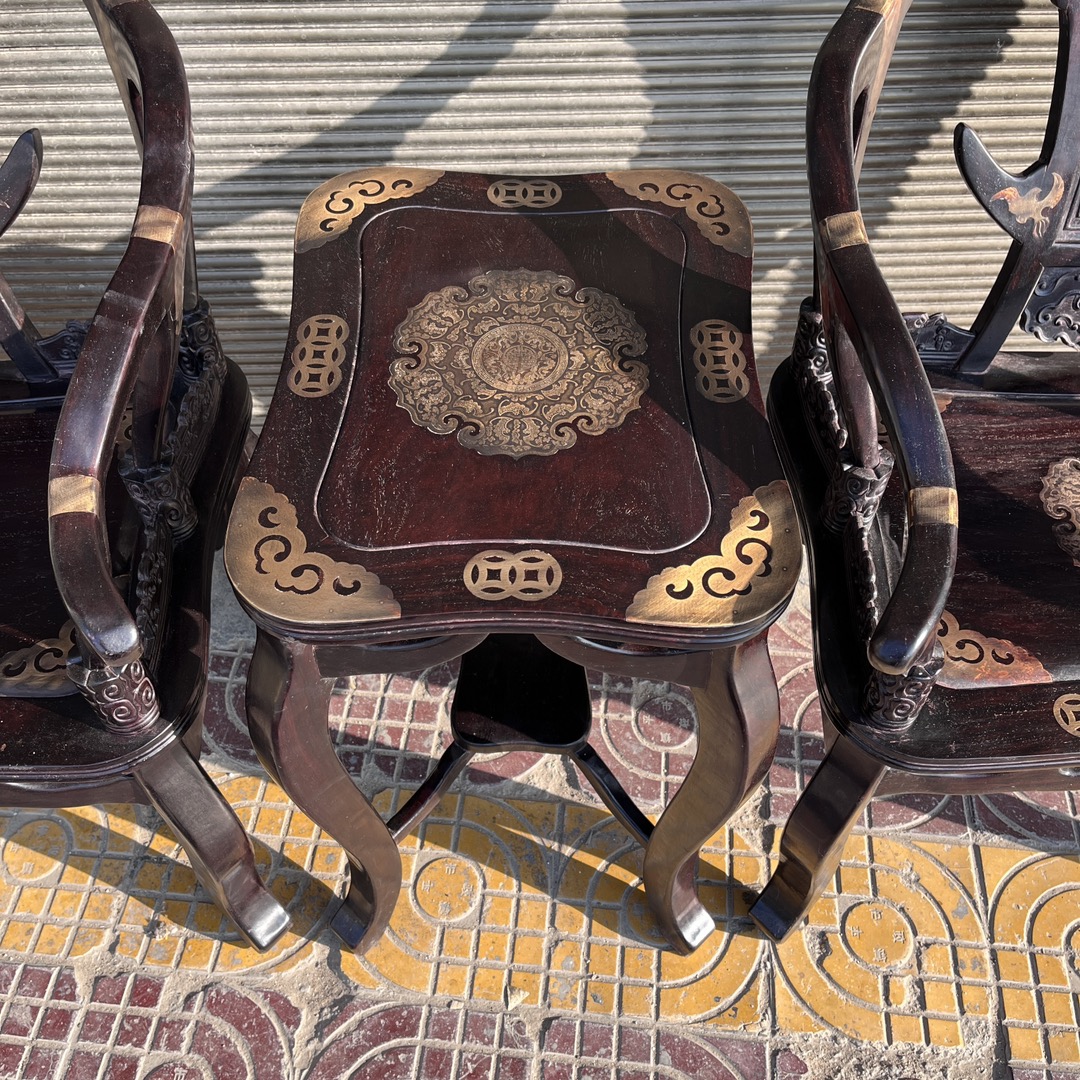 Qing Dynasty Mahogany wood deer antler chair inlaid with copper leather Three-piece Tables set
