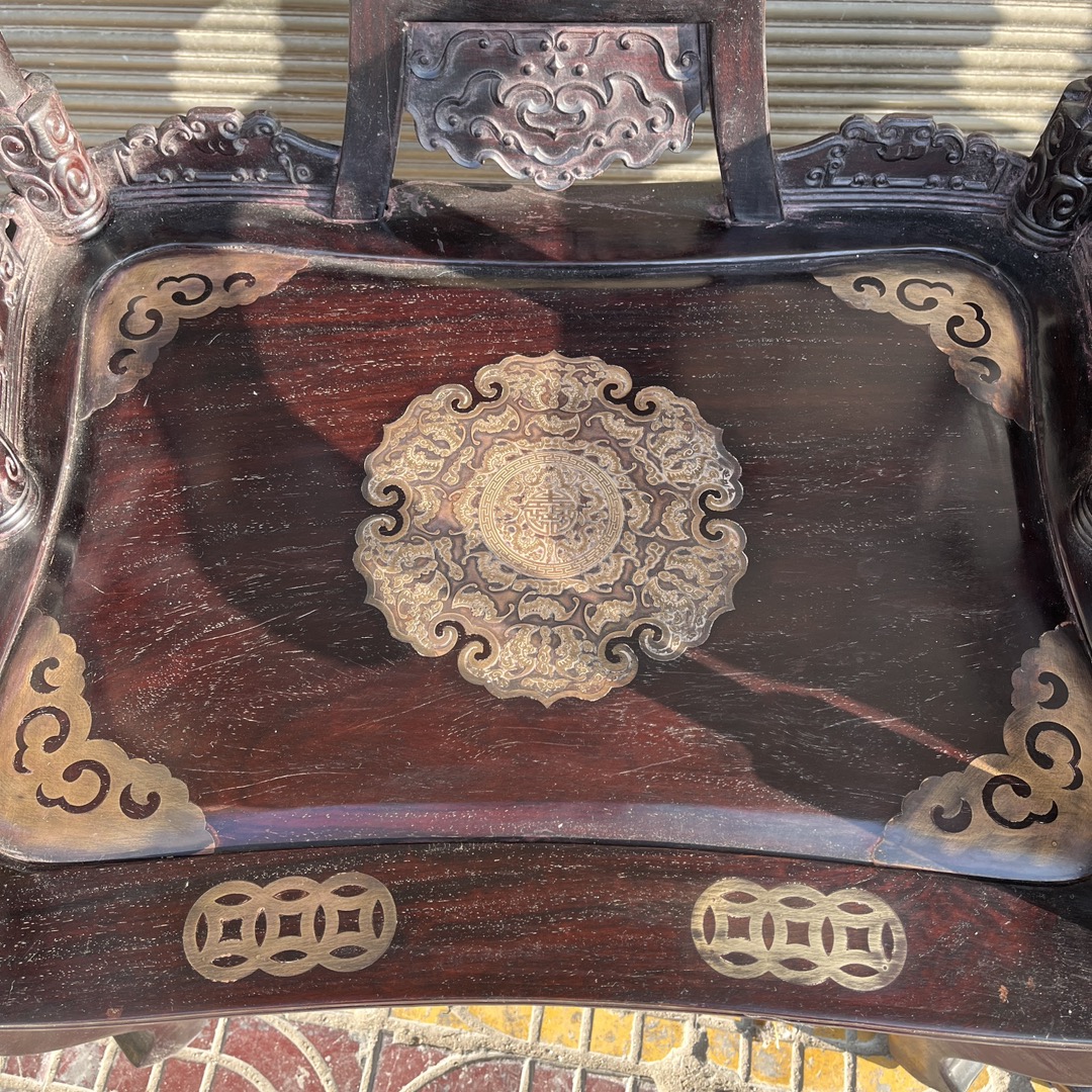 Qing Dynasty Mahogany wood deer antler chair inlaid with copper leather Three-piece Tables set