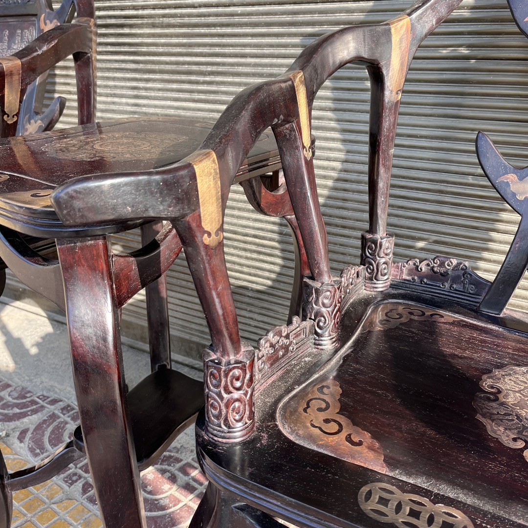 Qing Dynasty Mahogany wood deer antler chair inlaid with copper leather Three-piece Tables set