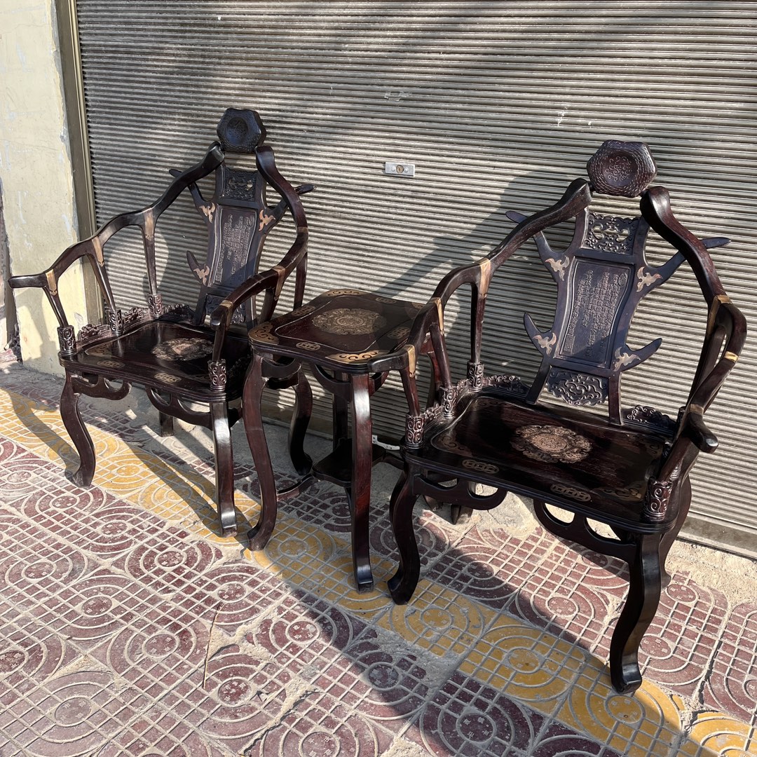 Qing Dynasty Mahogany wood deer antler chair inlaid with copper leather Three-piece Tables set
