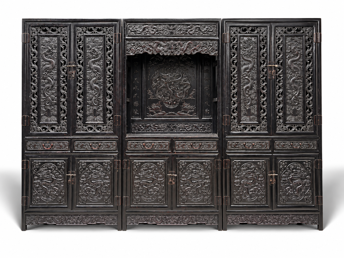Qing Dynasty Rosewood hand-engraved three-combination bookcase cabinet