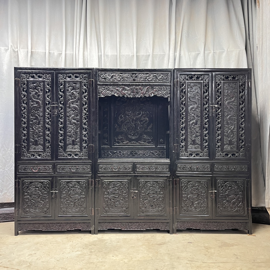 Qing Dynasty Rosewood hand-engraved three-combination bookcase cabinet