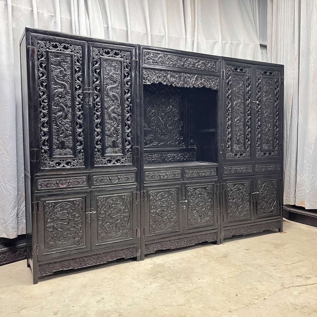 Qing Dynasty Rosewood hand-engraved three-combination bookcase cabinet