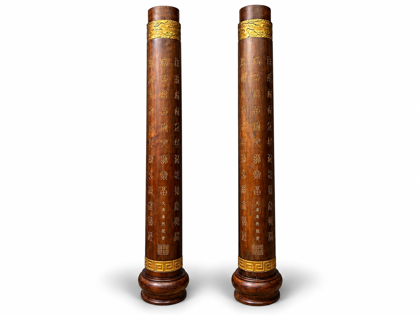 Qing Dynasty Rosewood gold-painted clouds and hundred blessing pair pillars
