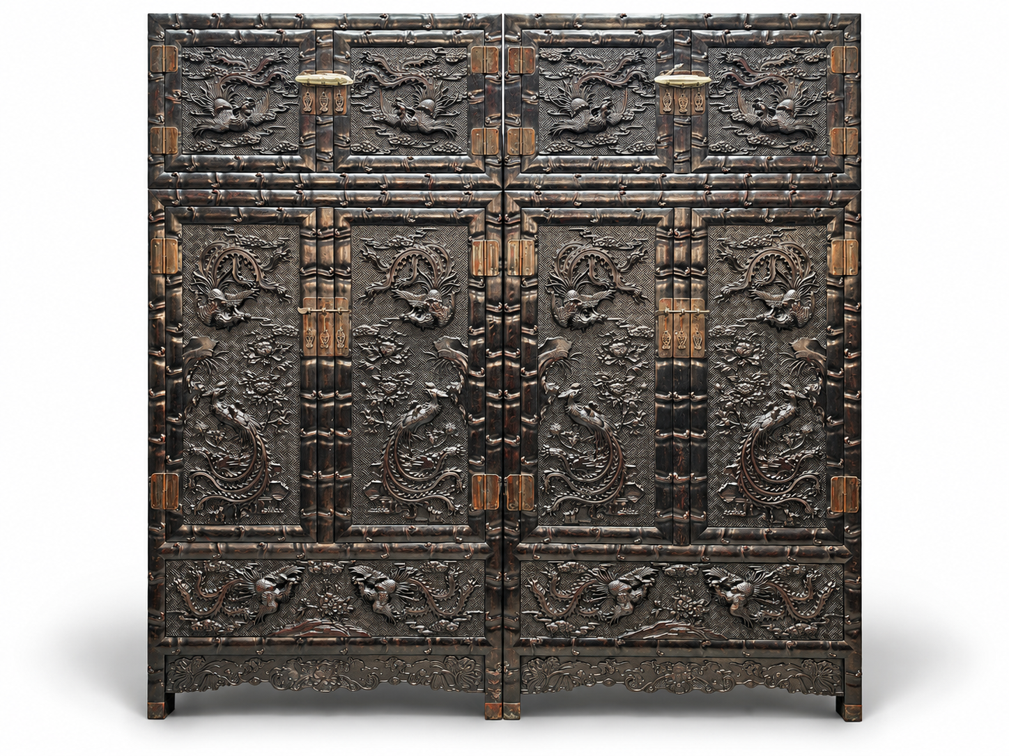 Qing Dynasty Sandalwood high-relief phoenix opera peony top a pair of Cabinet