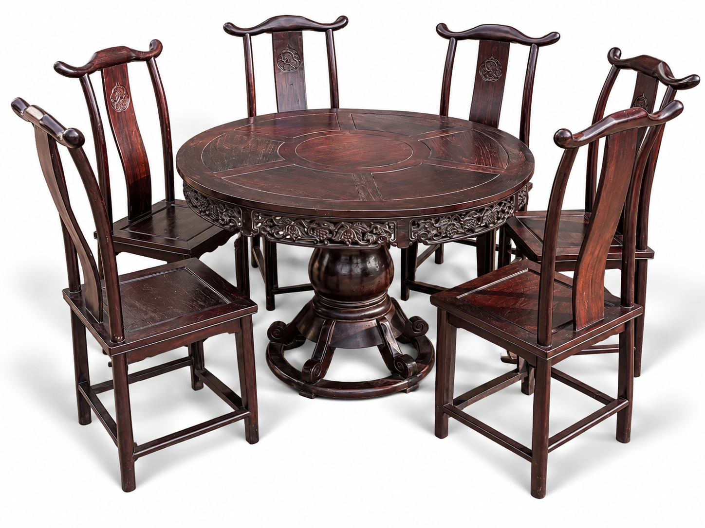 Qing Dynasty Rosewood smooth polished round dining Seven-piece Tables set