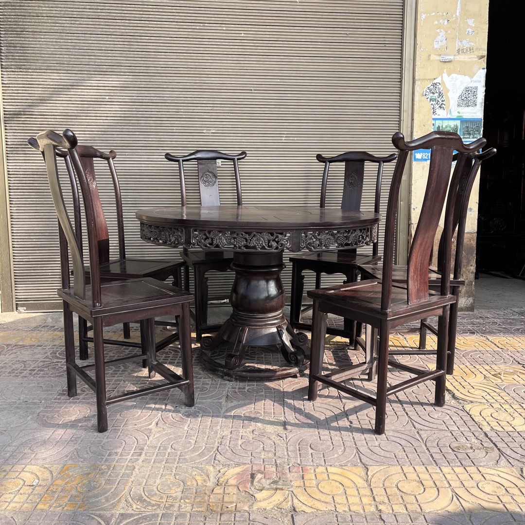 Qing Dynasty Rosewood smooth polished round dining Seven-piece Tables set