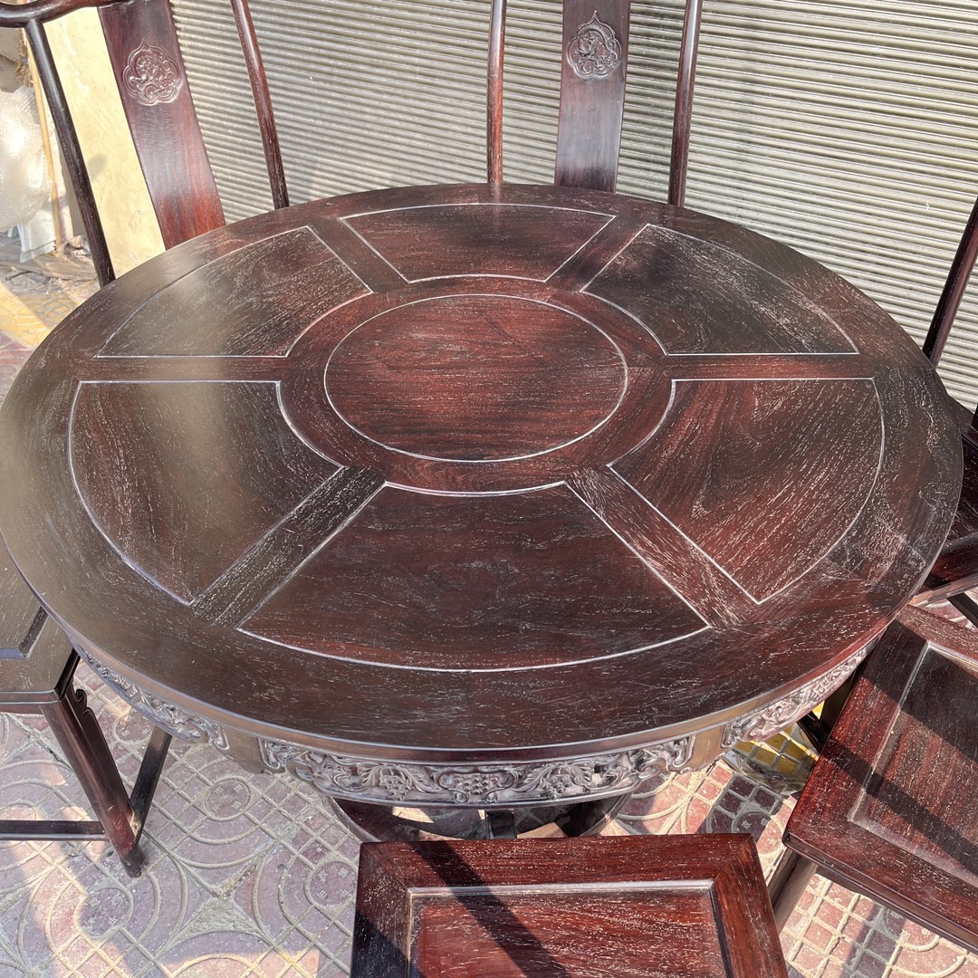 Qing Dynasty Rosewood smooth polished round dining Seven-piece Tables set