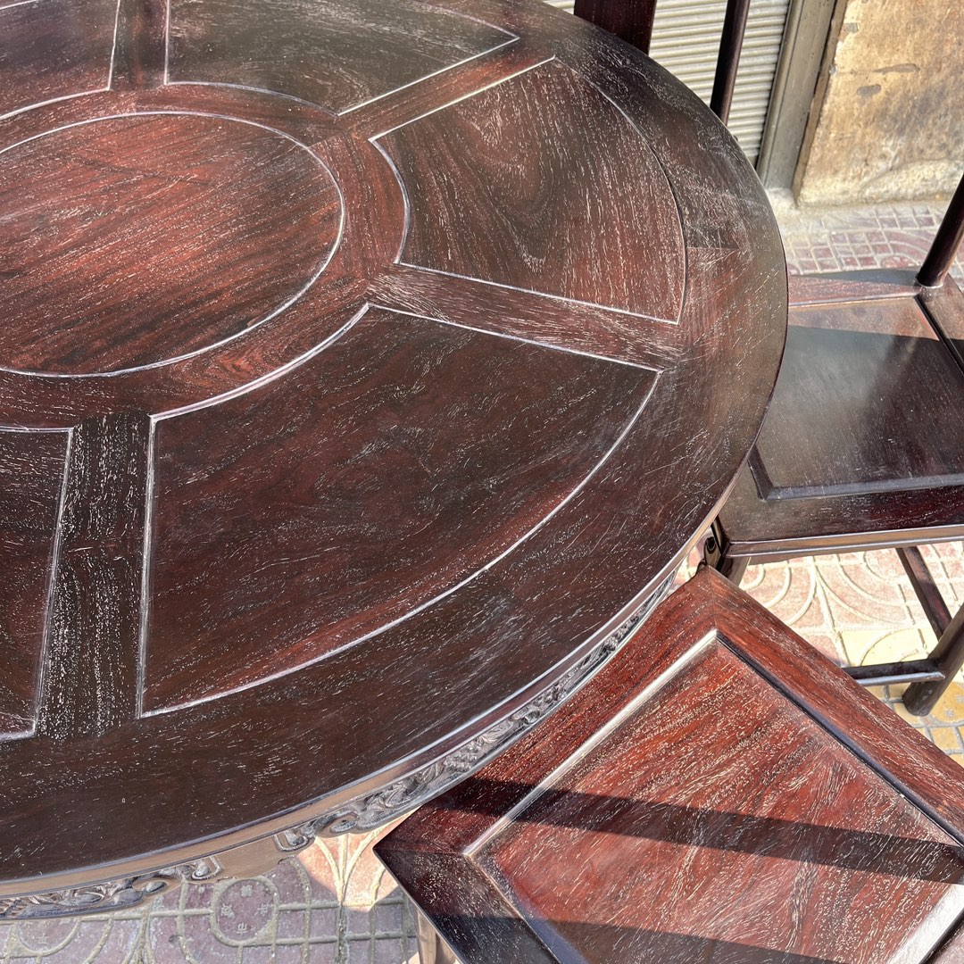 Qing Dynasty Rosewood smooth polished round dining Seven-piece Tables set