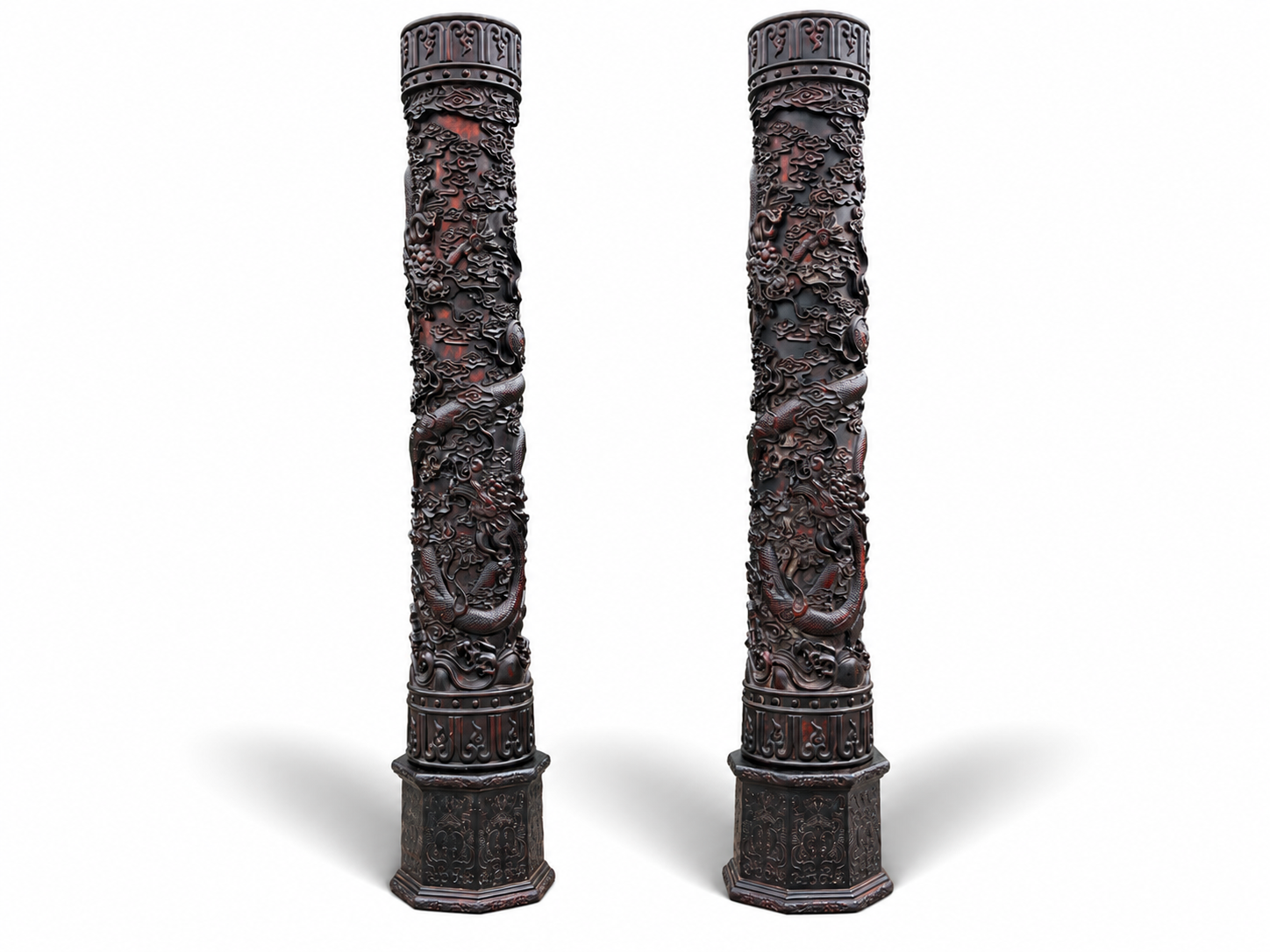 Qing Dynasty Red Sandalwood double dragons playing with beads high-relief a pair of pillars