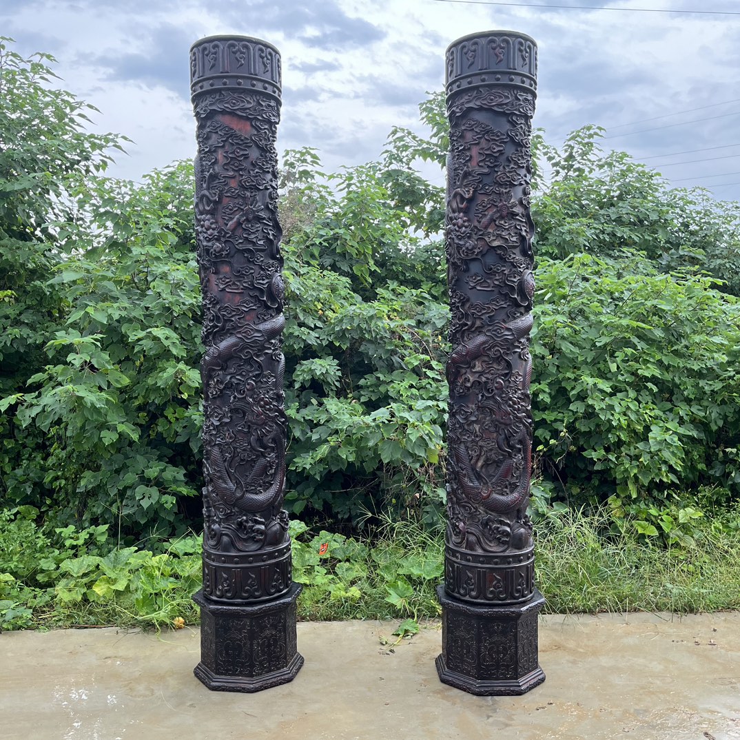 Qing Dynasty Red Sandalwood double dragons playing with beads high-relief a pair of pillars