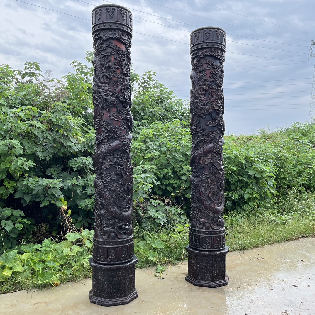 Qing Dynasty Red Sandalwood double dragons playing with beads high-relief a pair of pillars