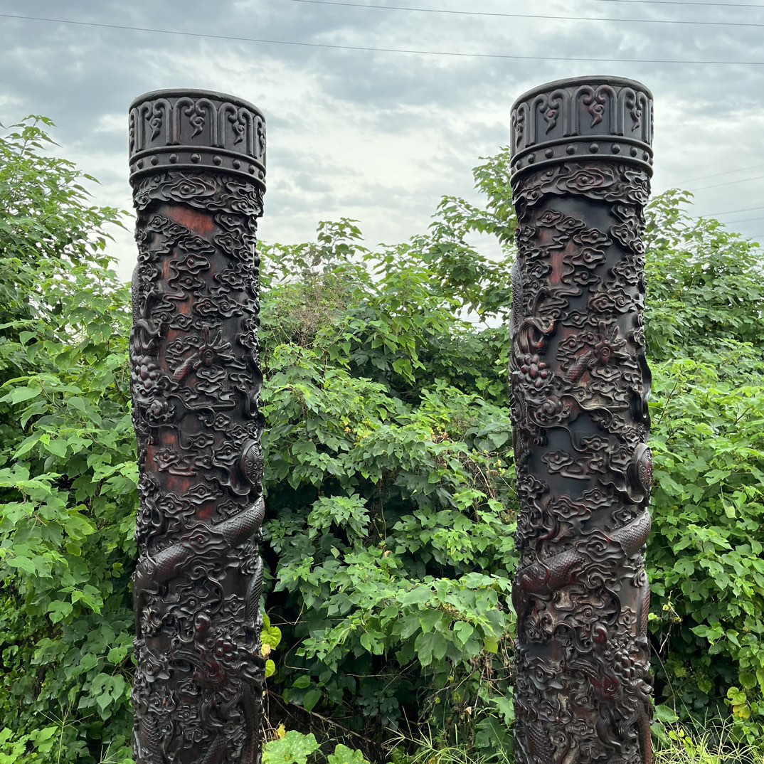 Qing Dynasty Red Sandalwood double dragons playing with beads high-relief a pair of pillars
