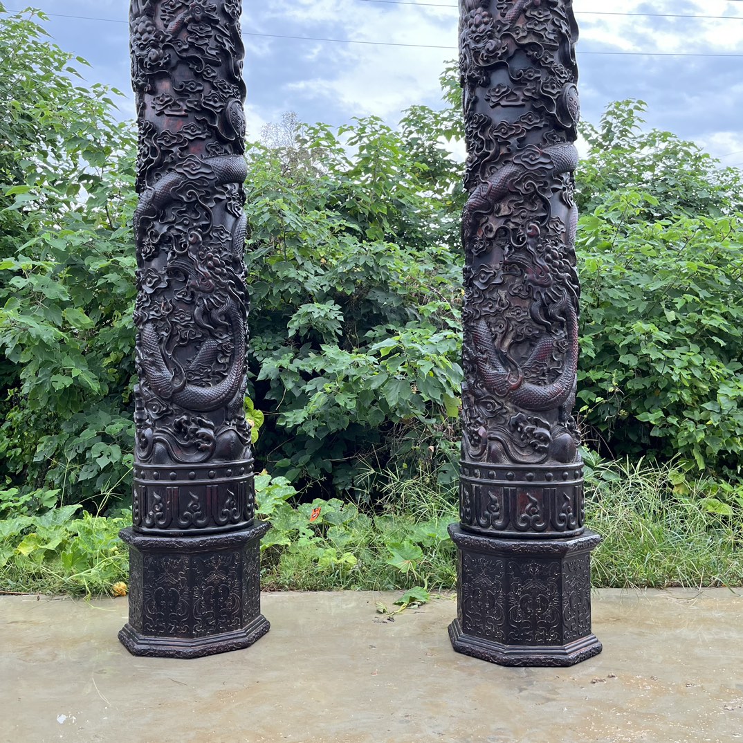 Qing Dynasty Red Sandalwood double dragons playing with beads high-relief a pair of pillars