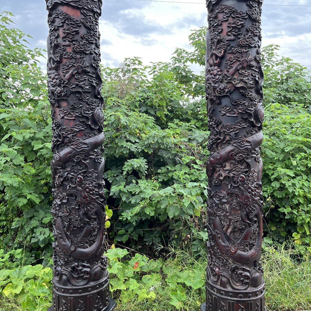 Qing Dynasty Red Sandalwood double dragons playing with beads high-relief a pair of pillars