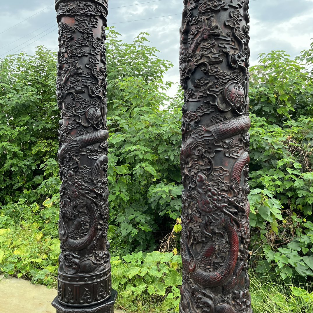 Qing Dynasty Red Sandalwood double dragons playing with beads high-relief a pair of pillars