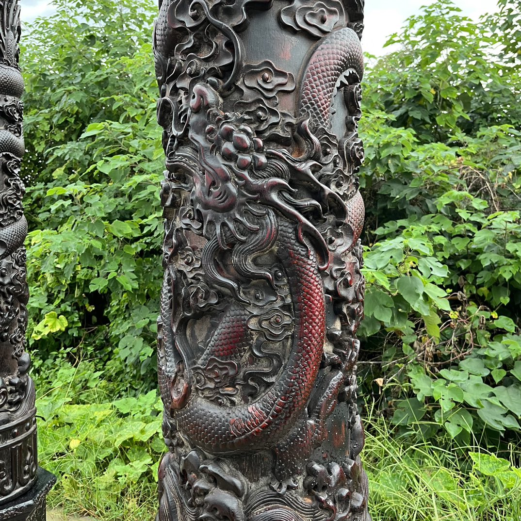 Qing Dynasty Red Sandalwood double dragons playing with beads high-relief a pair of pillars