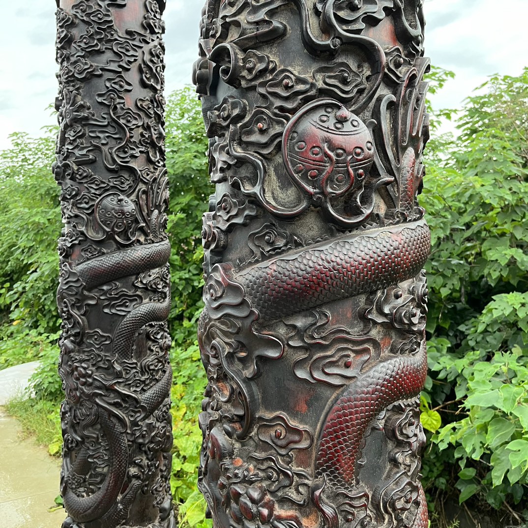 Qing Dynasty Red Sandalwood double dragons playing with beads high-relief a pair of pillars