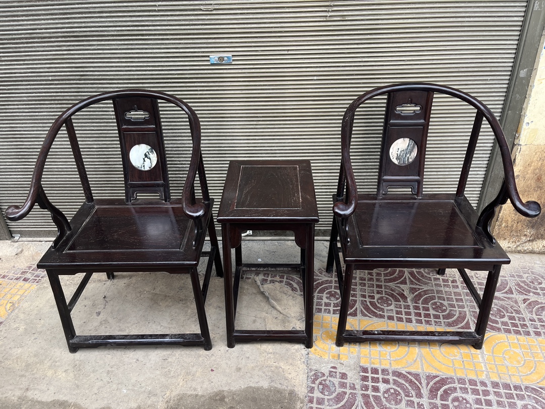 Qing Dynasty Rosewood inlaid marble small smooth polishing Tables and arm chair