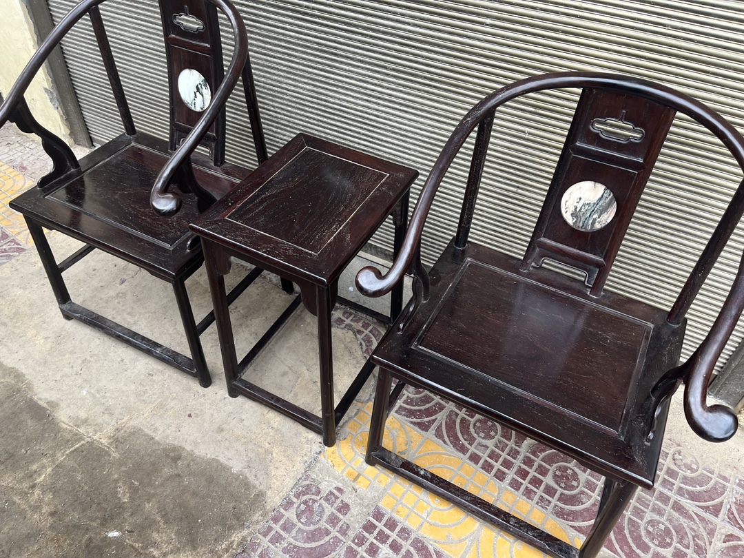 Qing Dynasty Rosewood inlaid marble small smooth polishing Tables and arm chair