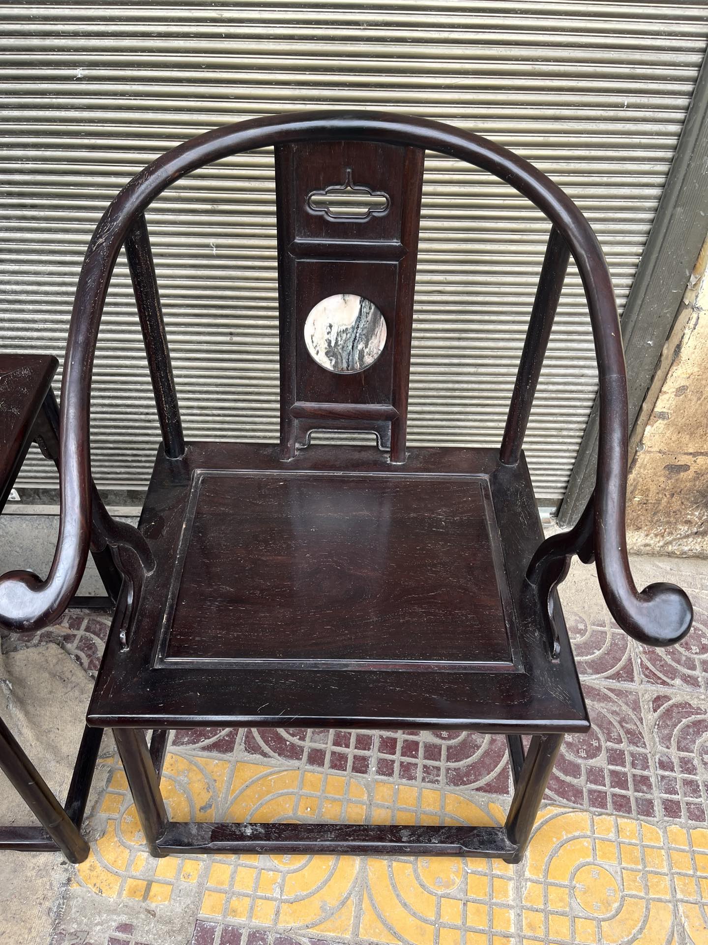 Qing Dynasty Rosewood inlaid marble small smooth polishing Tables and arm chair
