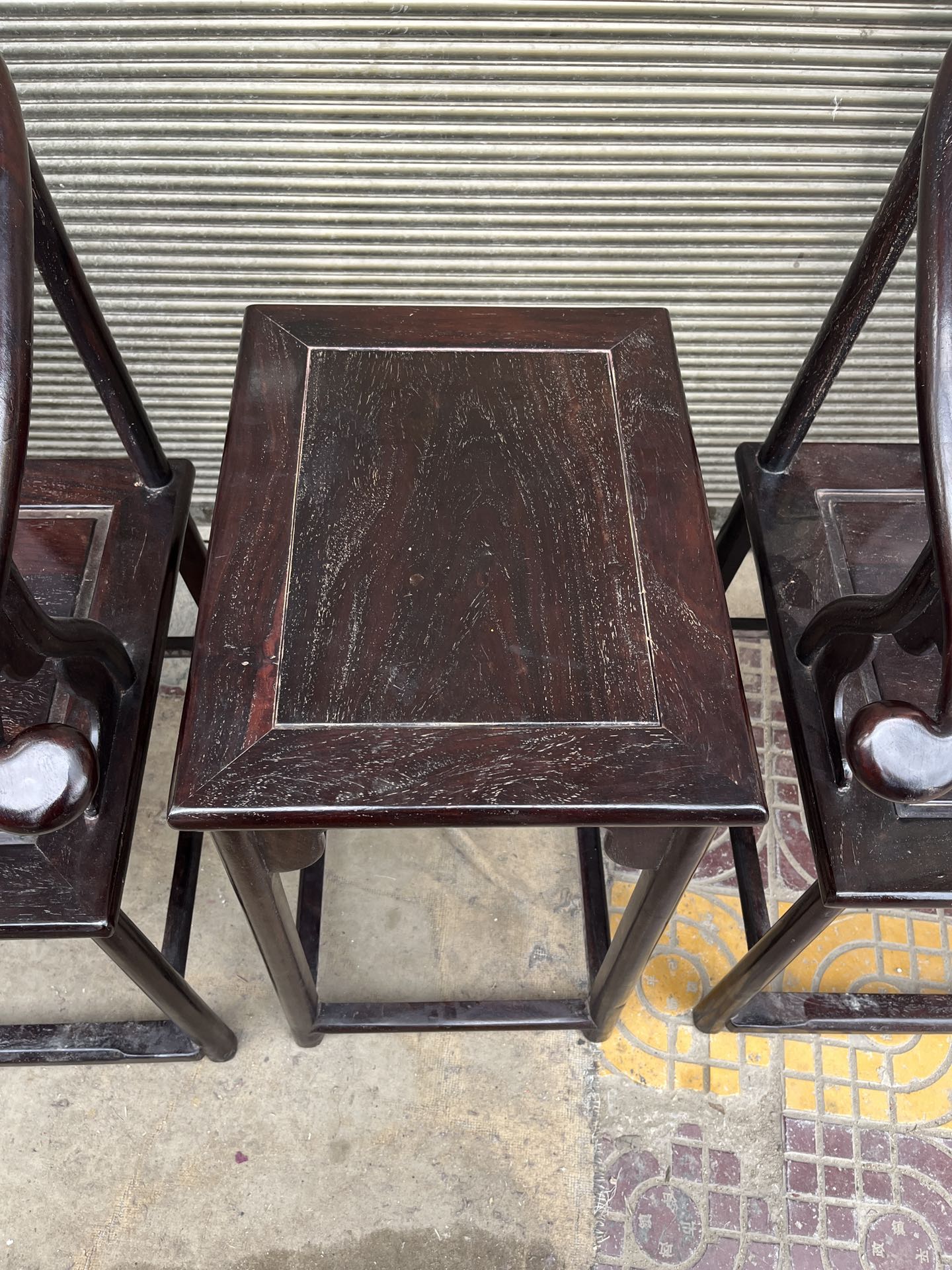 Qing Dynasty Rosewood inlaid marble small smooth polishing Tables and arm chair