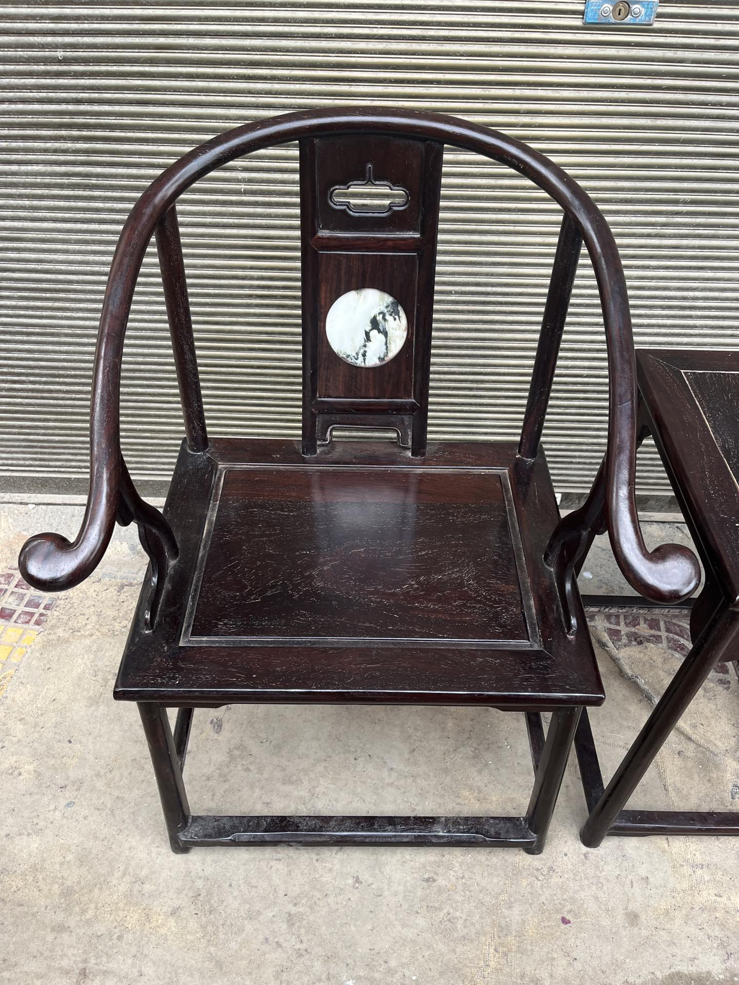 Qing Dynasty Rosewood inlaid marble small smooth polishing Tables and arm chair
