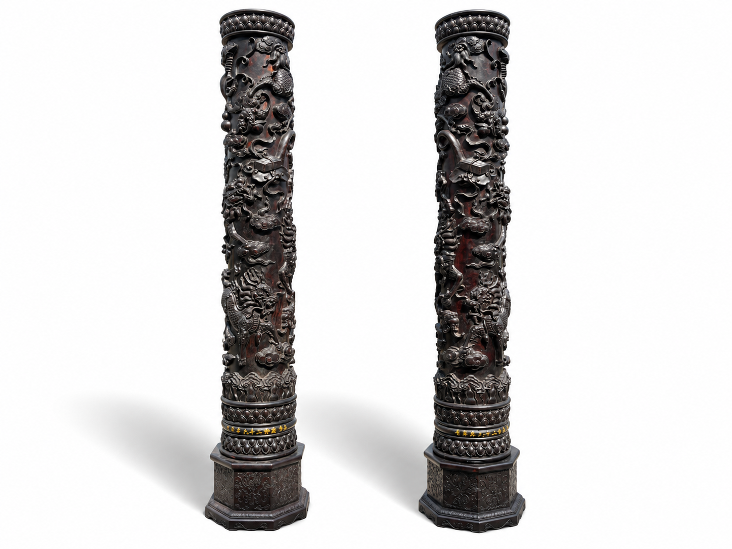 Qing Dynasty Red Sandalwood high-relief Qilin Xianbao Feng Shui a pair of pillars