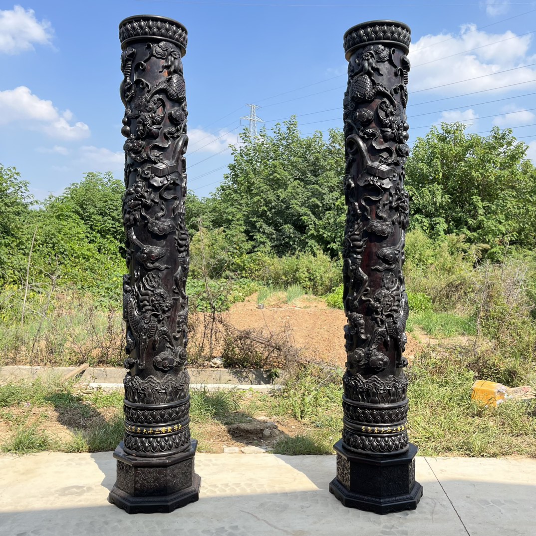 Qing Dynasty Red Sandalwood high-relief Qilin Xianbao Feng Shui a pair of pillars