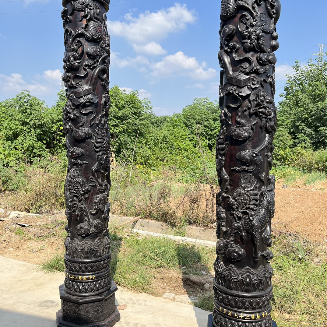 Qing Dynasty Red Sandalwood high-relief Qilin Xianbao Feng Shui a pair of pillars