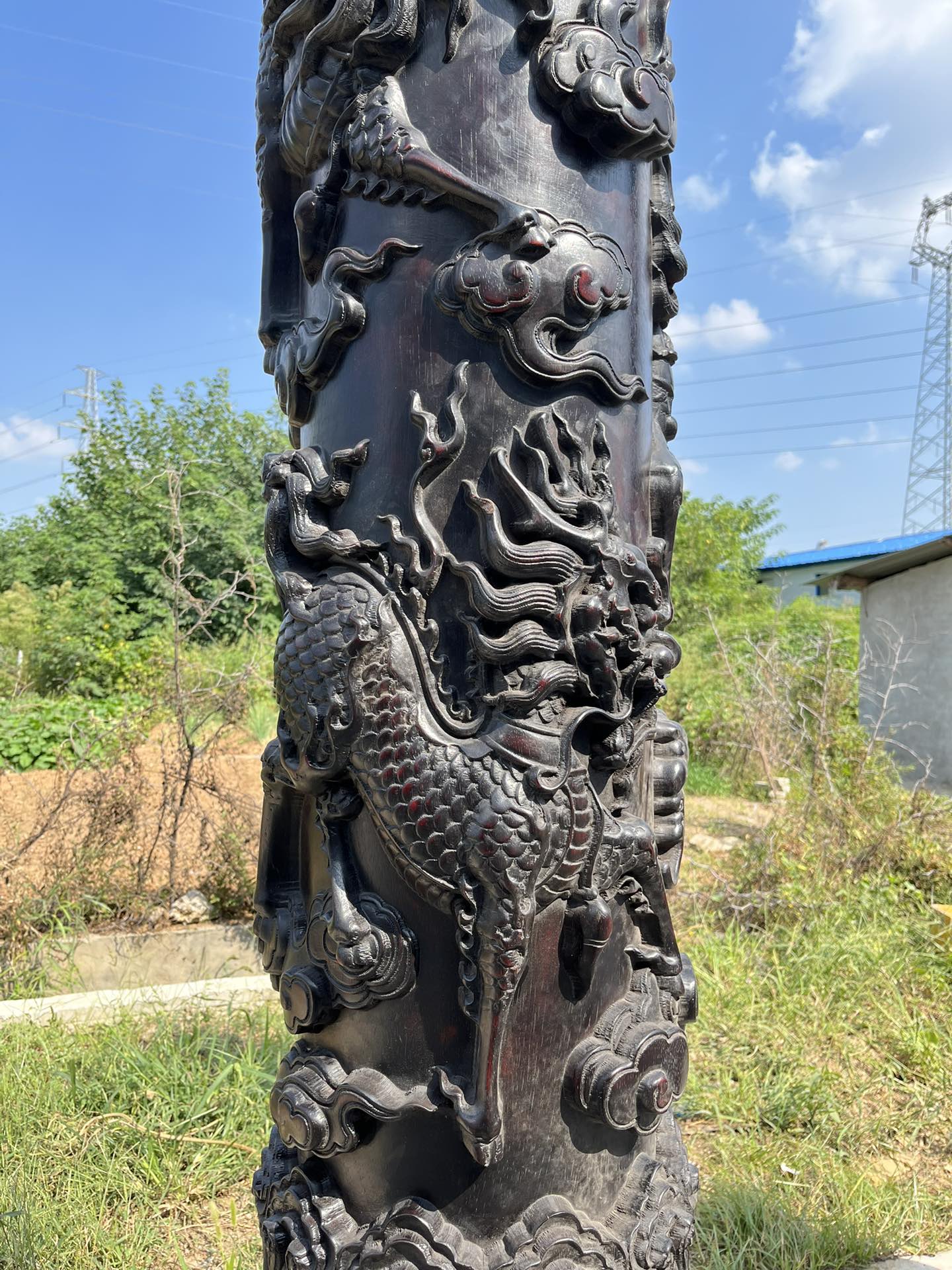 Qing Dynasty Red Sandalwood high-relief Qilin Xianbao Feng Shui a pair of pillars