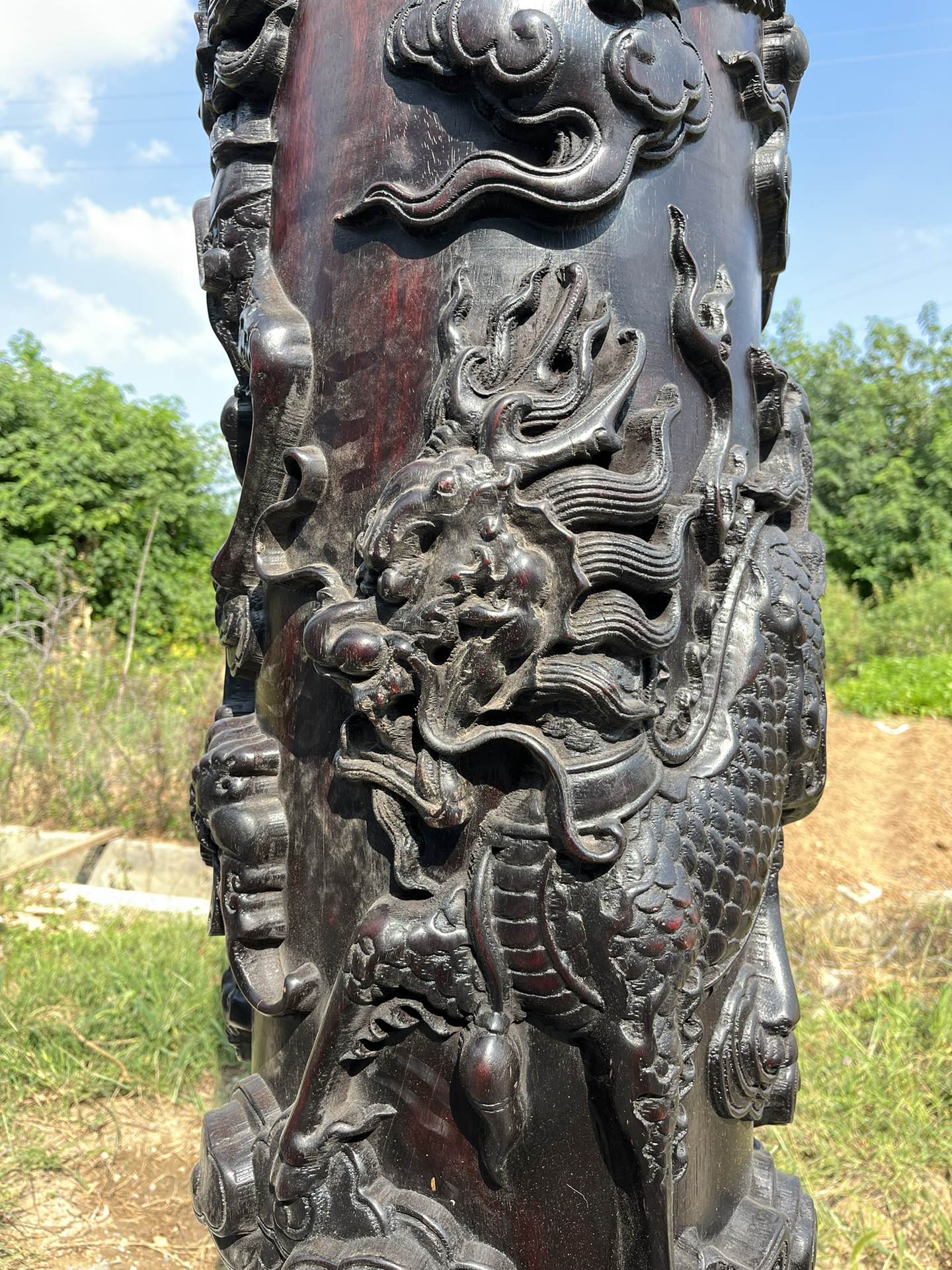 Qing Dynasty Red Sandalwood high-relief Qilin Xianbao Feng Shui a pair of pillars