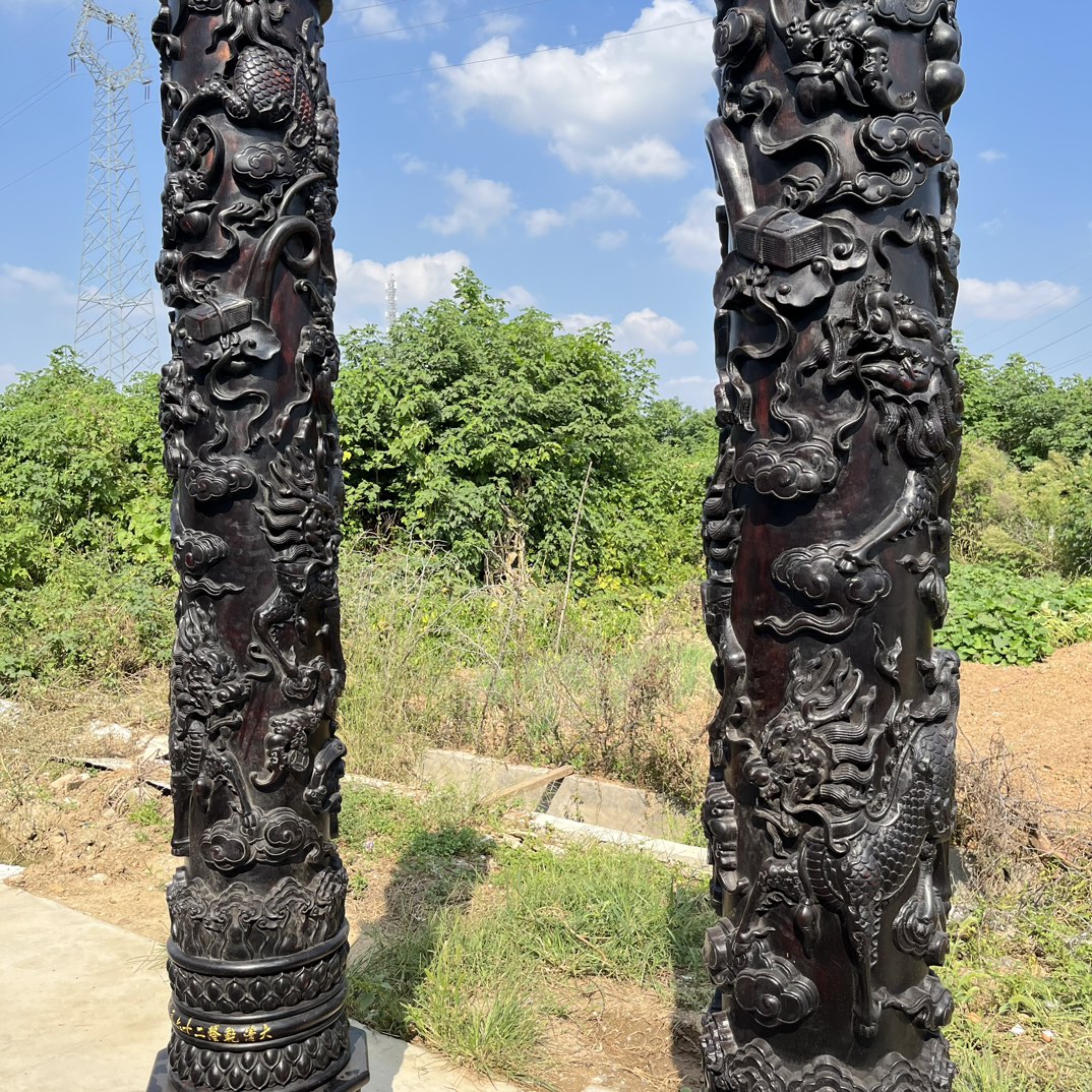 Qing Dynasty Red Sandalwood high-relief Qilin Xianbao Feng Shui a pair of pillars