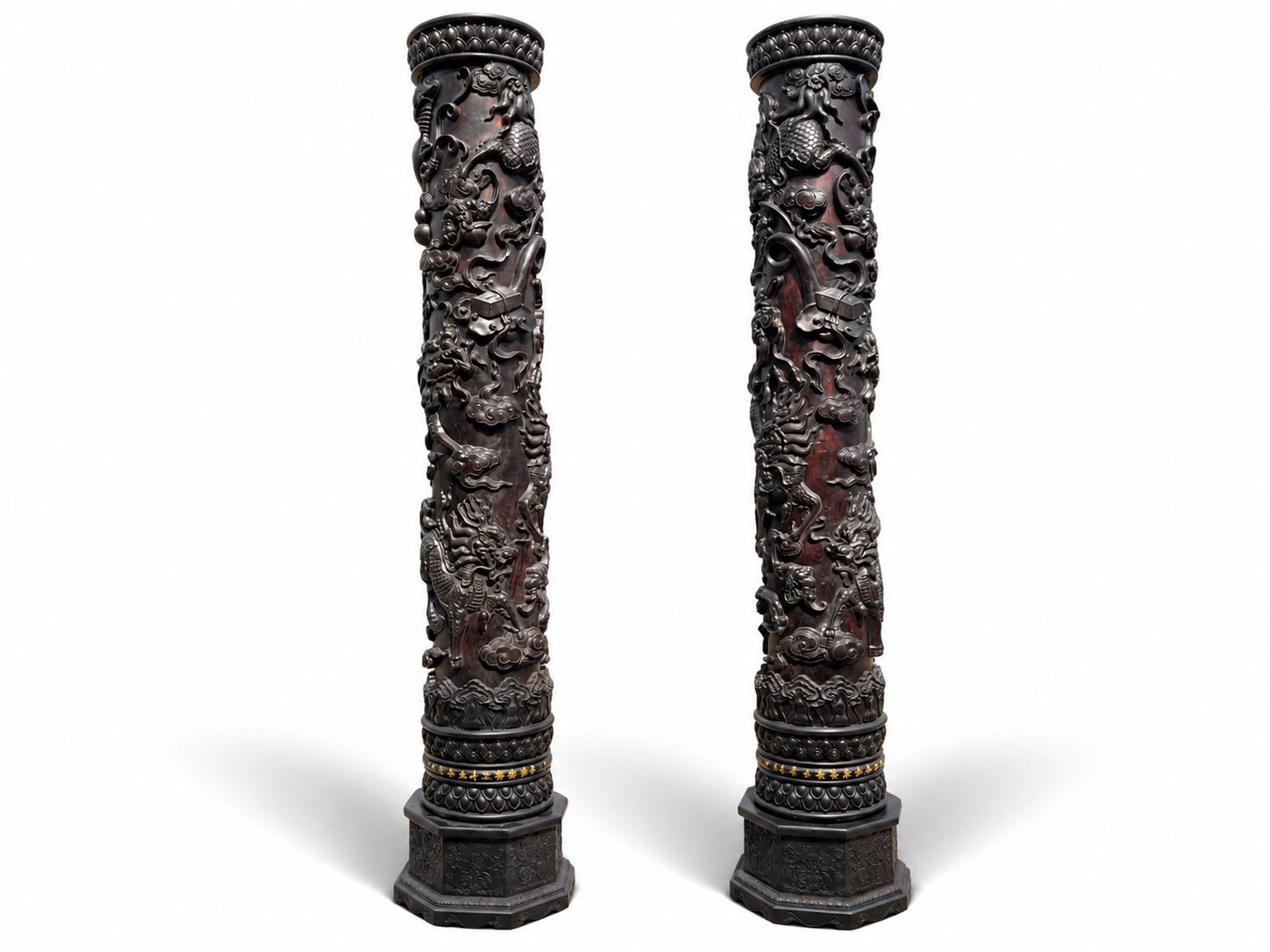 Qing Dynasty Red Sandalwood high-relief Qilin Xianbao Feng Shui a pair of pillars