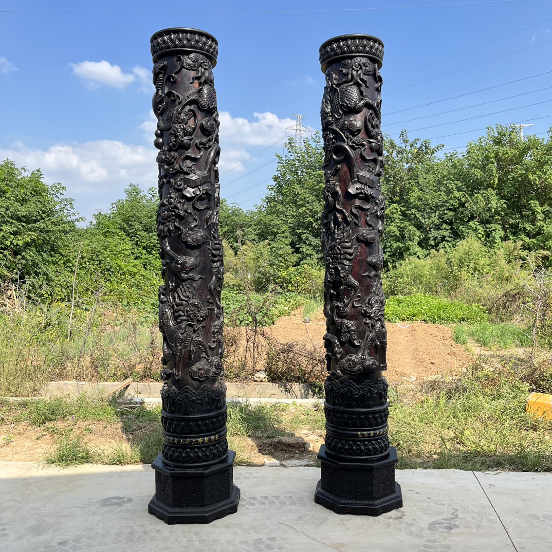 Qing Dynasty Red Sandalwood high-relief Qilin Xianbao Feng Shui a pair of pillars